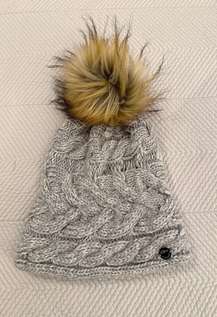 Screamer Cable Knit Beanie Hat Gray Faux Fur Pom Fleece Lined Wool Blend OS
